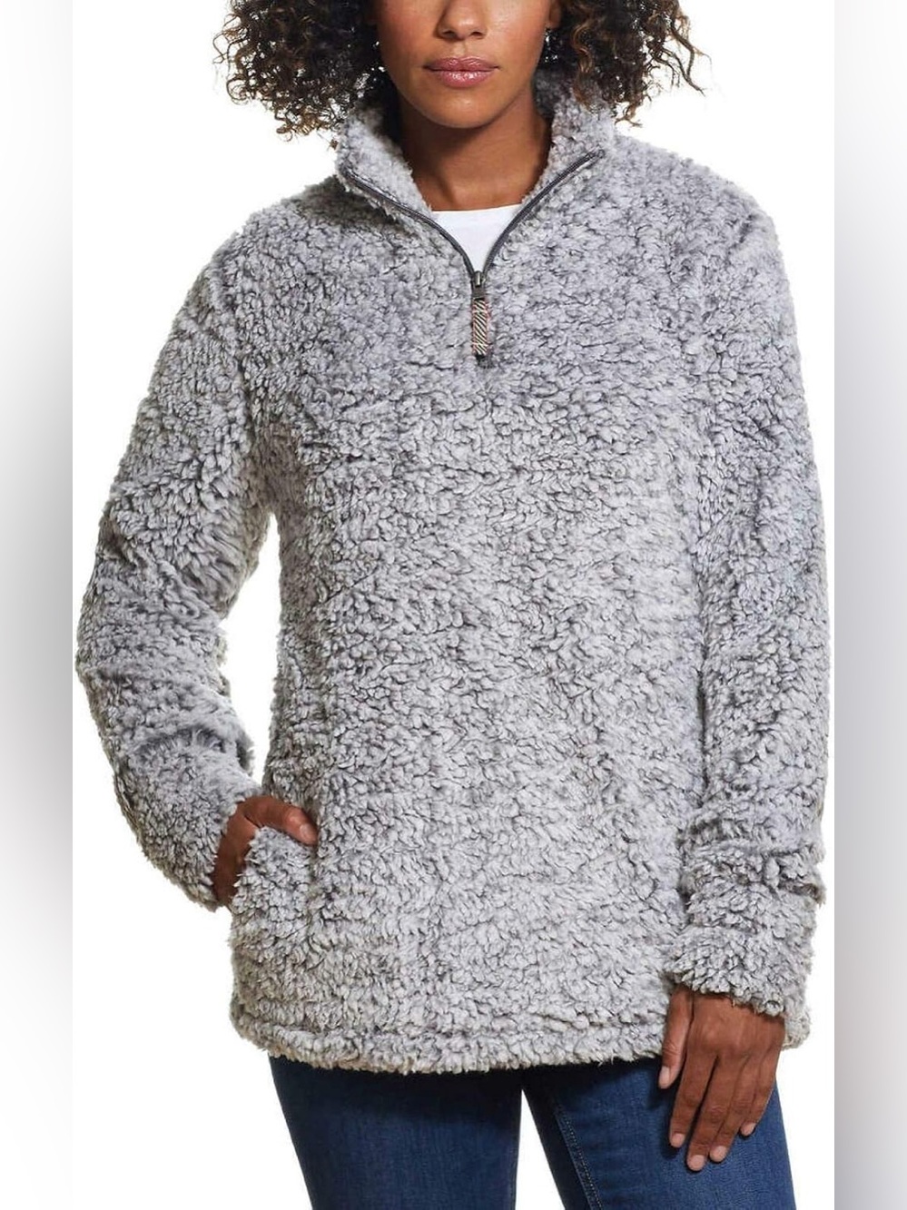 Cozy Plush Faux Fur Sherpa Gray Zip-Up Jacket - Weatherproof Vintage